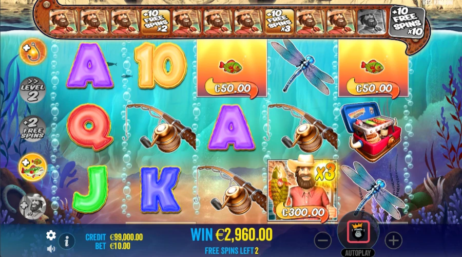 Big Bass Bonanza free spins round with Fisherman Wilds and Money Symbols